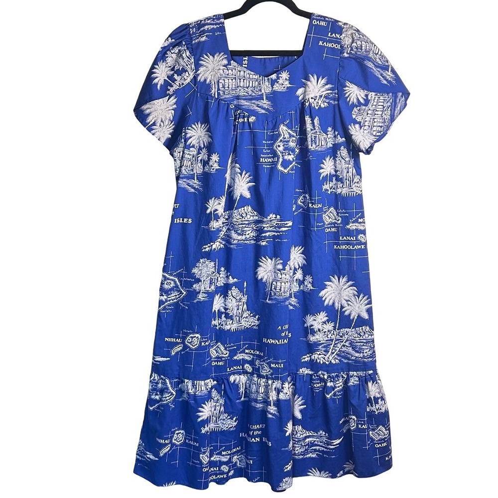 Evergreen Island Vintage Hawaiian Map Print Dress Size XL Hawaii Aloha Resort